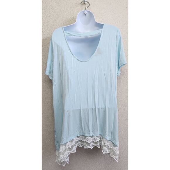 AGB Light Blue Round Neck Lace Trimmed Hem Top XL Lightweight Flowy Soft Stretch - Picture 4 of 6